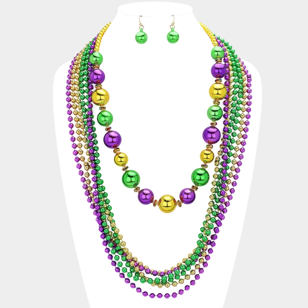 MultiLayered Purple Green Gold Ball Beaded Necklace Mardi Gras Fashion Accessory